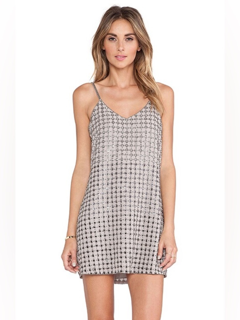Parker Metallic Beaded Strap Slip Dress in Silver Gray
